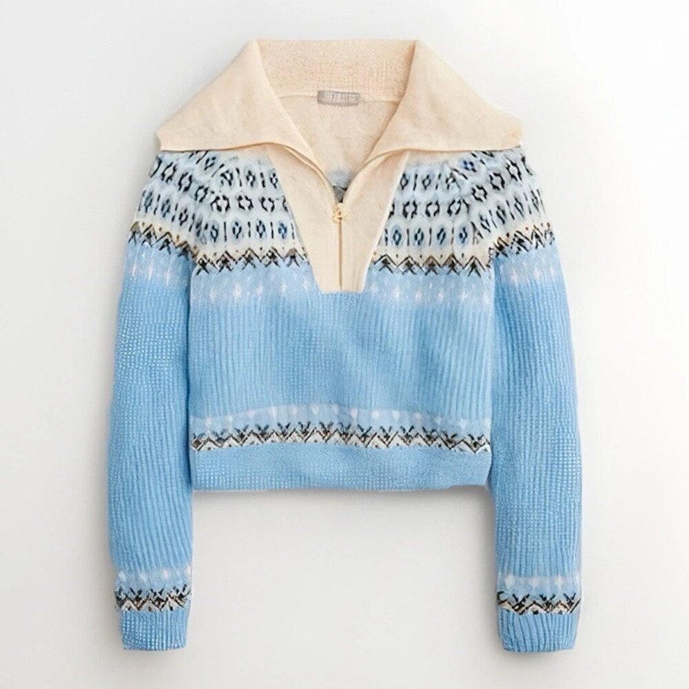 J. Crew Fair Isle Half-Zip Sweater Brushed Yarn Alpaca Wool Blend Cream/Blue XS - Picture 1 of 12